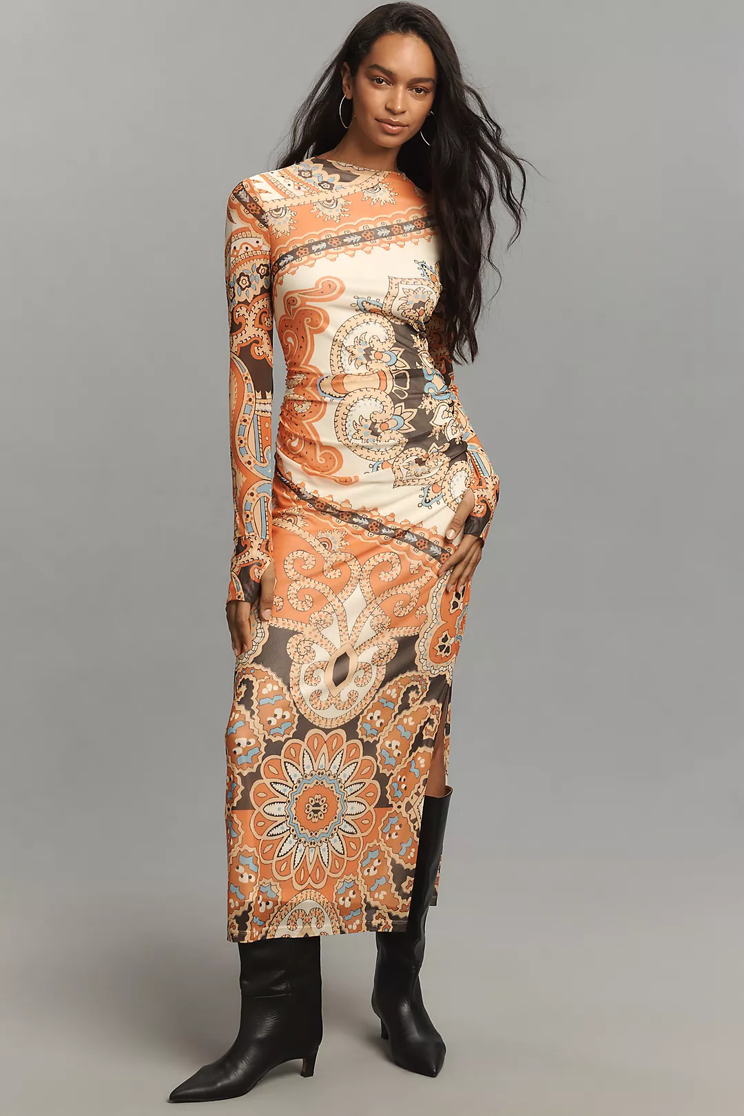 Farm Rio Long-Sleeve Mock-Neck Mesh Slim Midi Dress