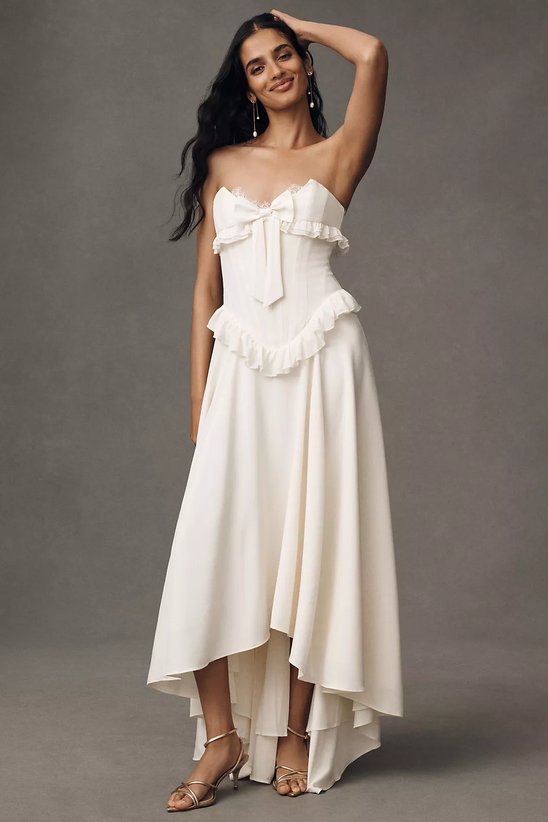 For Love & Lemons Harmony Silk Strapless Corset Drop-Waist High-Low Maxi Dress