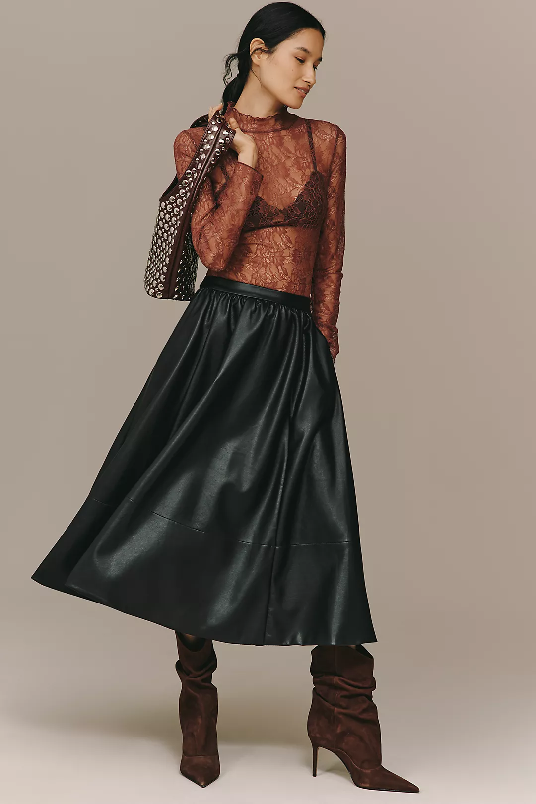The Jacie Faux-Leather Midi Skirt by Maeve