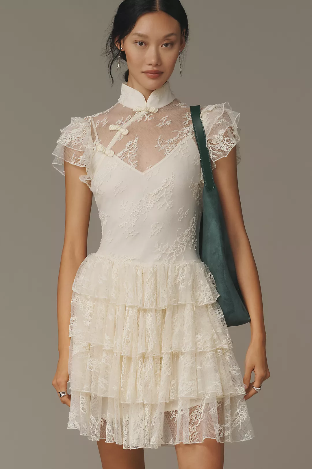 SAU LEE Roux Mock-Neck Lace Ruffle Dress