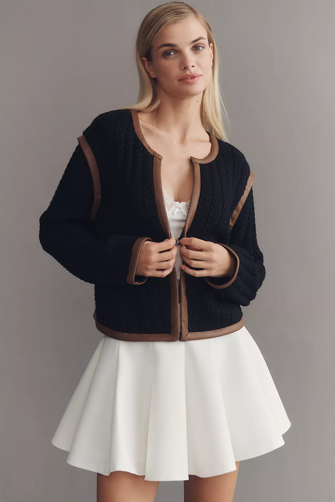 Central Park West Faux-Leather Trim Cardigan Sweater