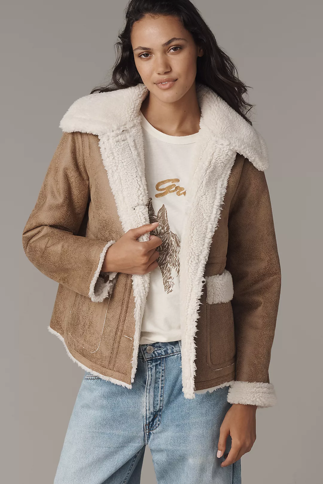Bernardo Distressed Faux-Suede Sherpa Fleece Jacket