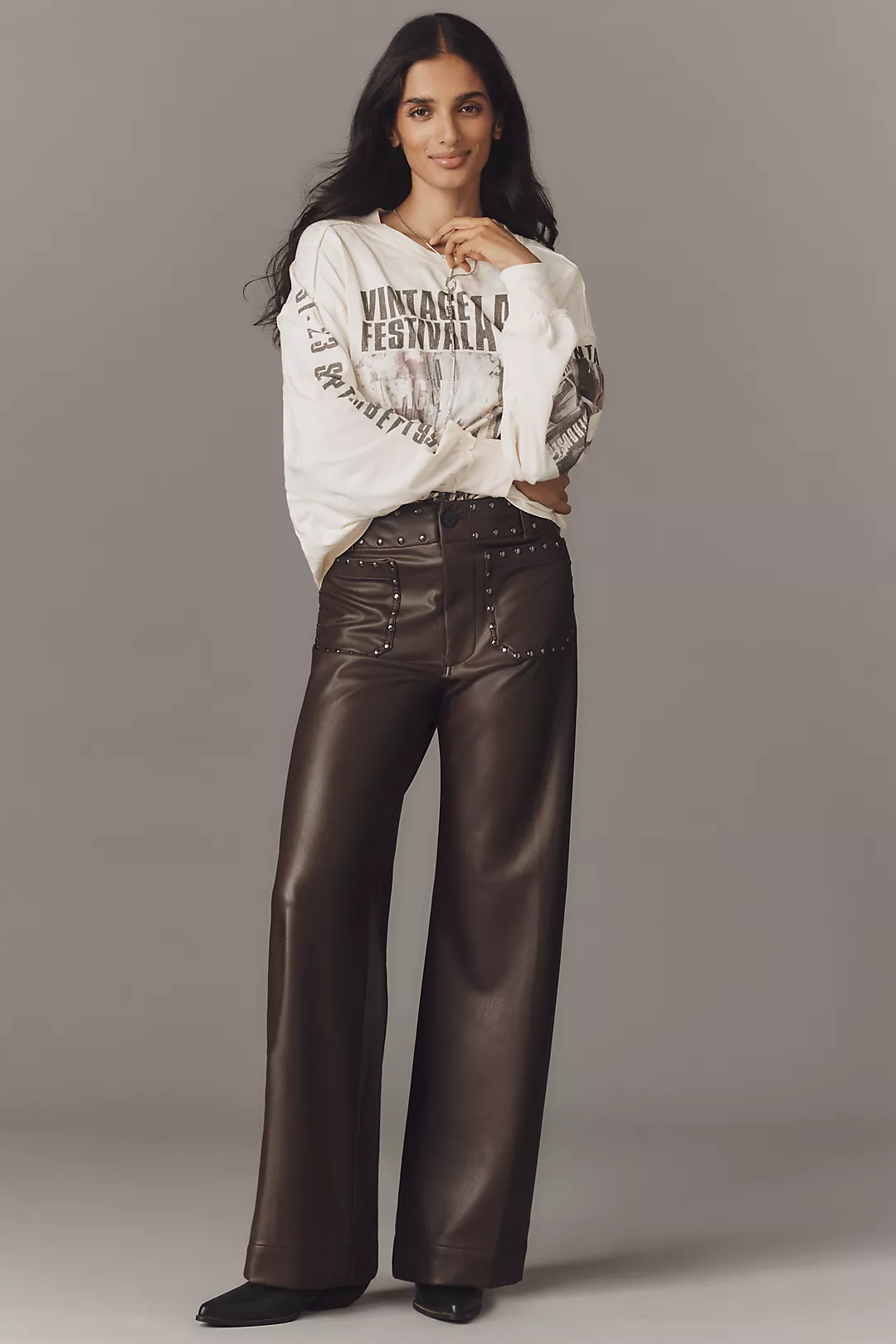 The @merricksart Colette Full-Length Faux-Leather Studded Pants by Maeve