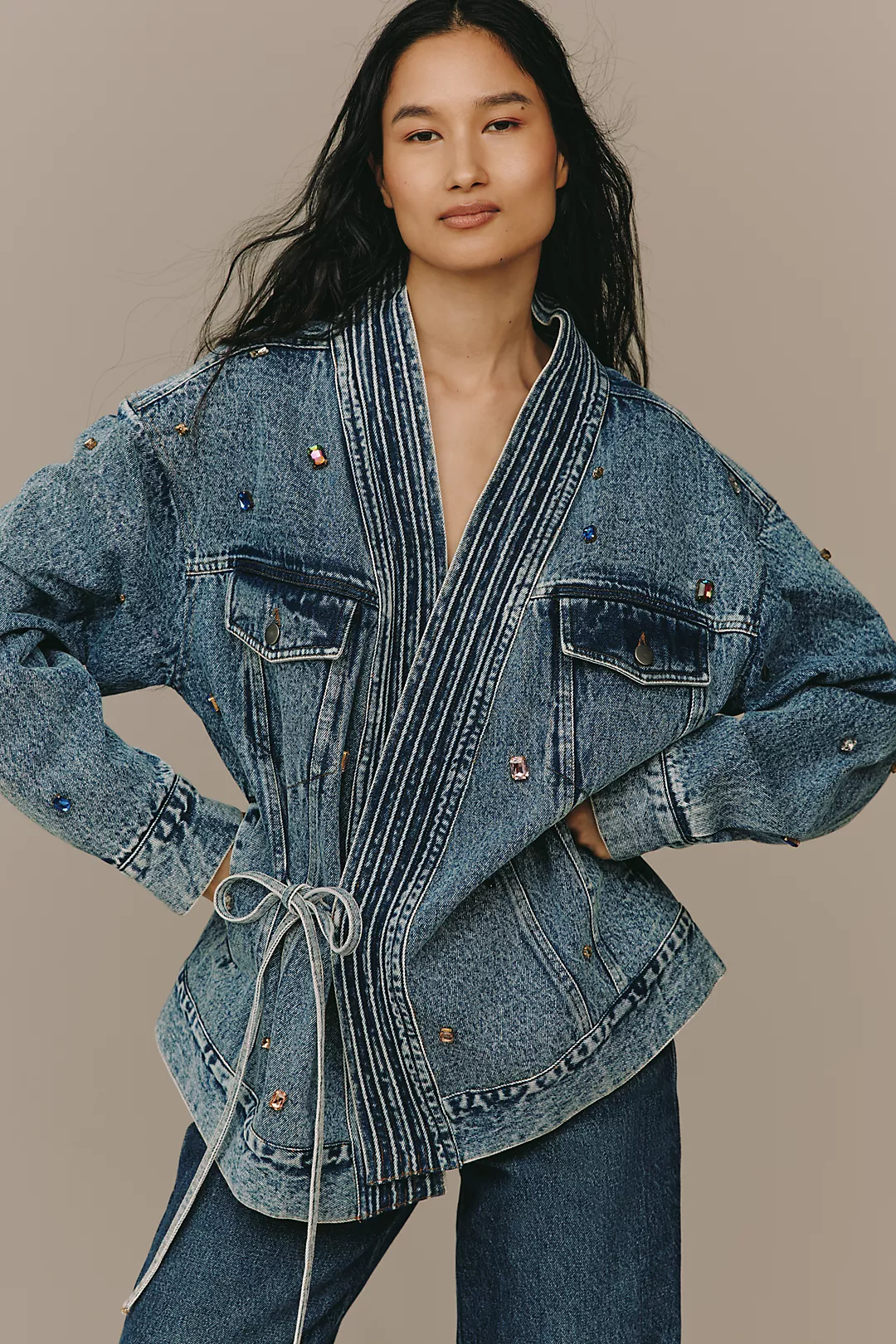 Illani x Anthropologie Embellished Denim Side-Tie Jacket