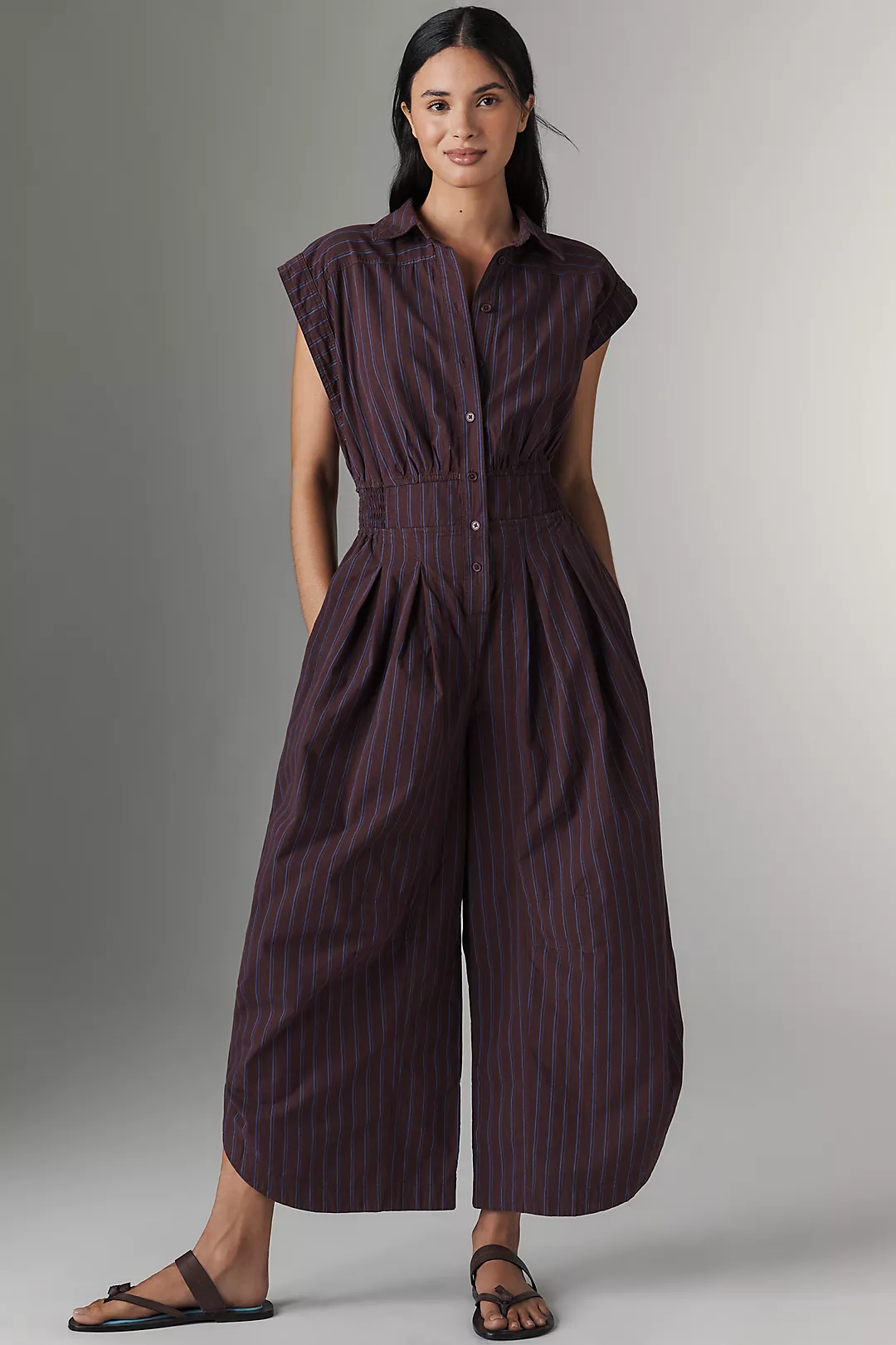 By Anthropologie Striped Shirting Parachute Jumpsuit