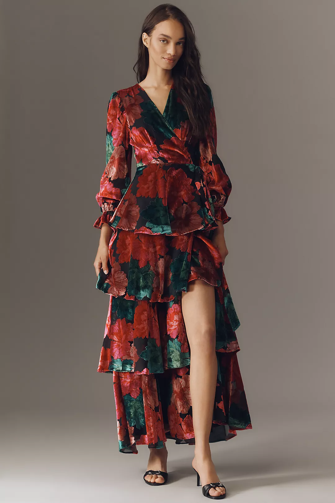 Hutch Wrap Ruffle Velvet Maxi Dress