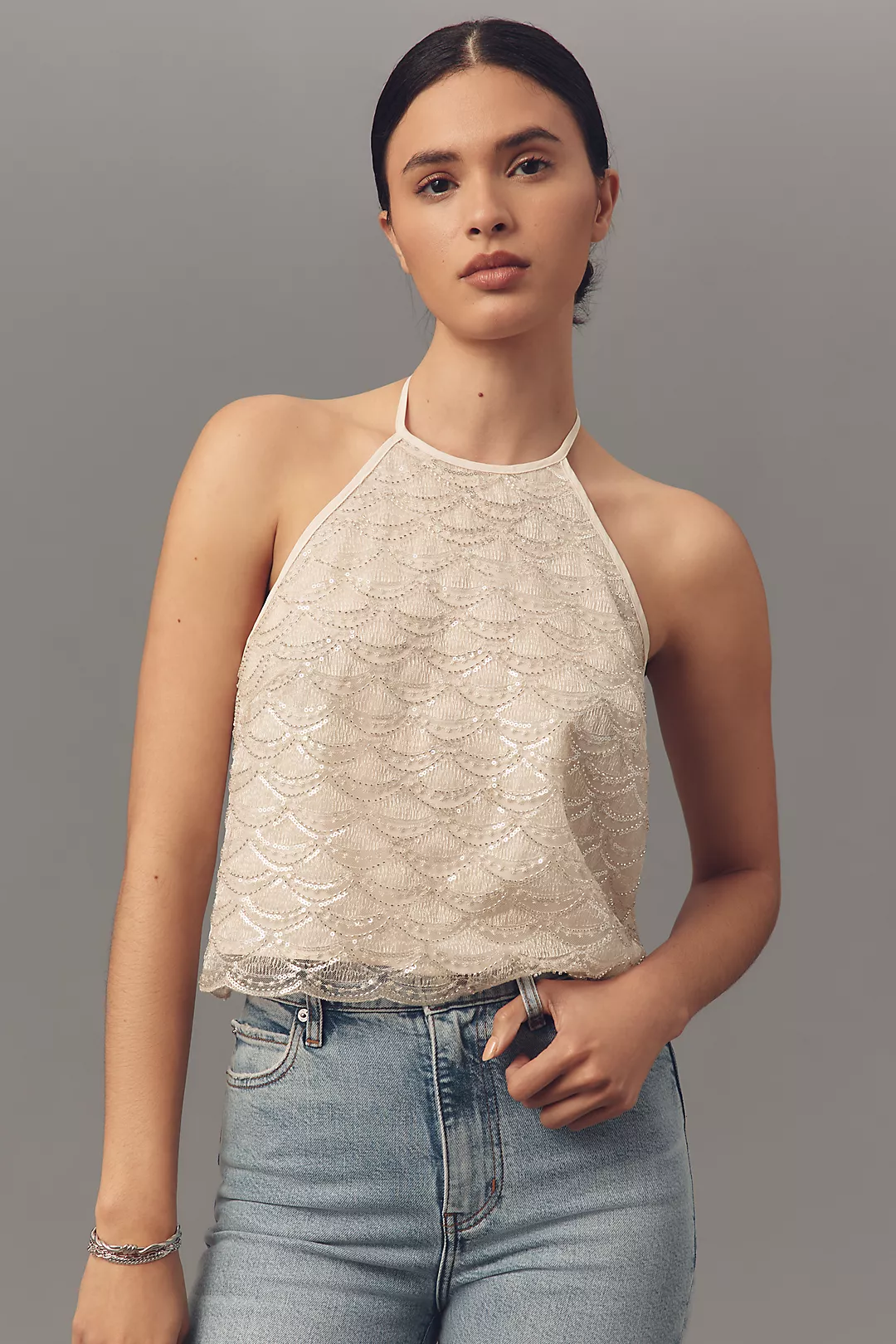 Flat White Embellished Halter Tank Top