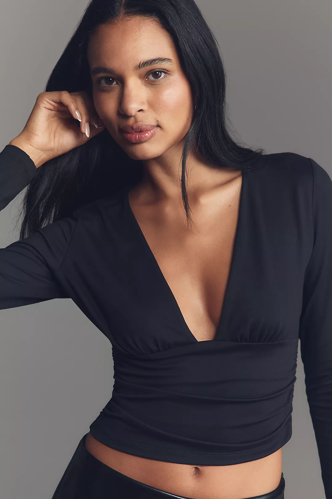 Susana Monaco Long-Sleeve V-Neck Ruched Top