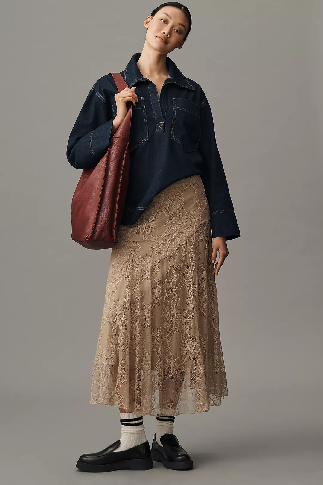 By Anthropologie Asymmetric Drop-Waist Lace Midi Skirt