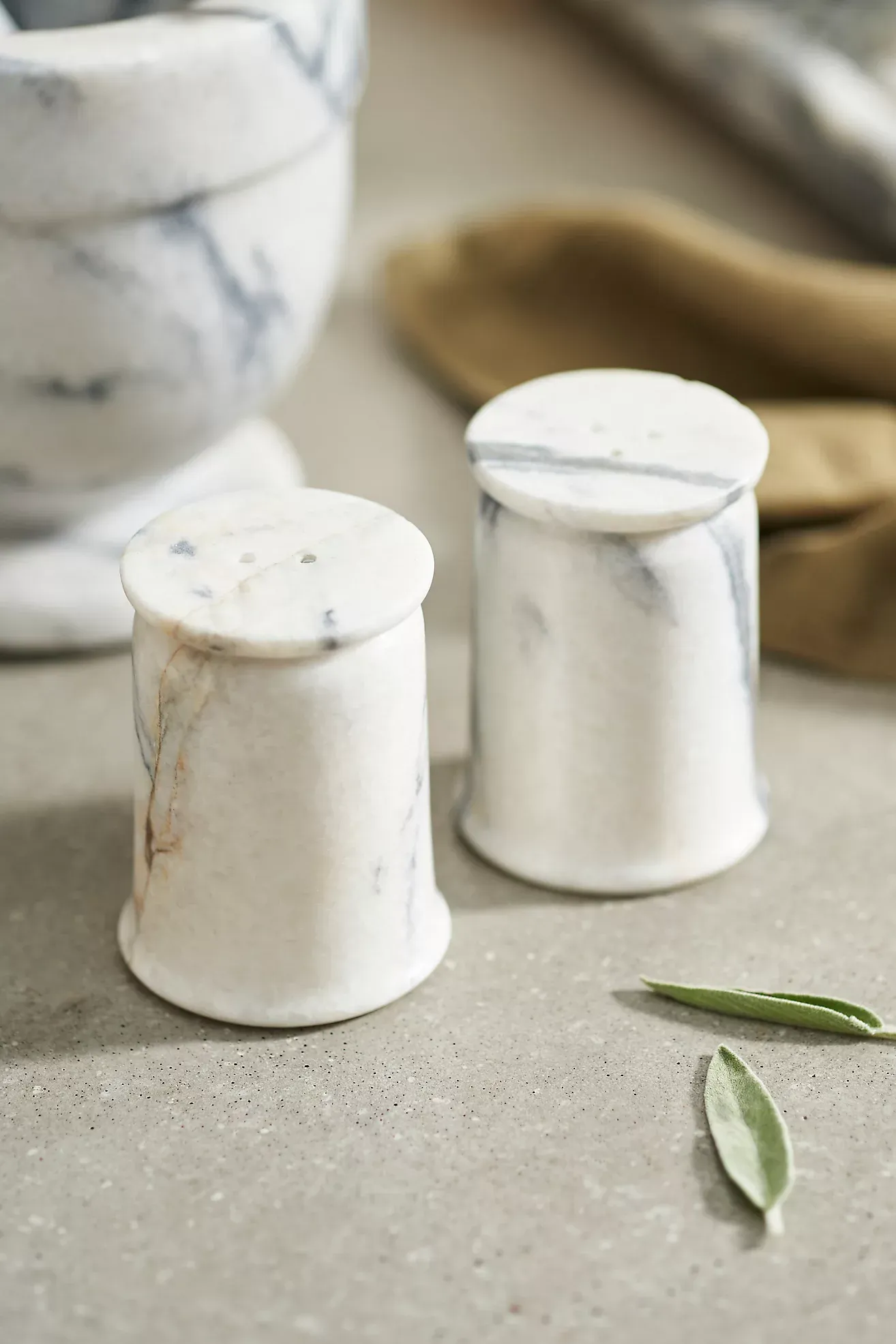 Smoky White Marble Salt + Pepper Shakers