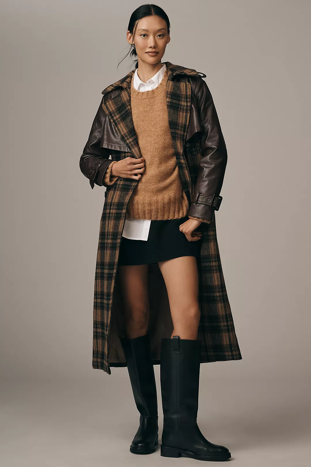 Avec Les Filles Faux-Leather Oversized Plaid Trench Coat