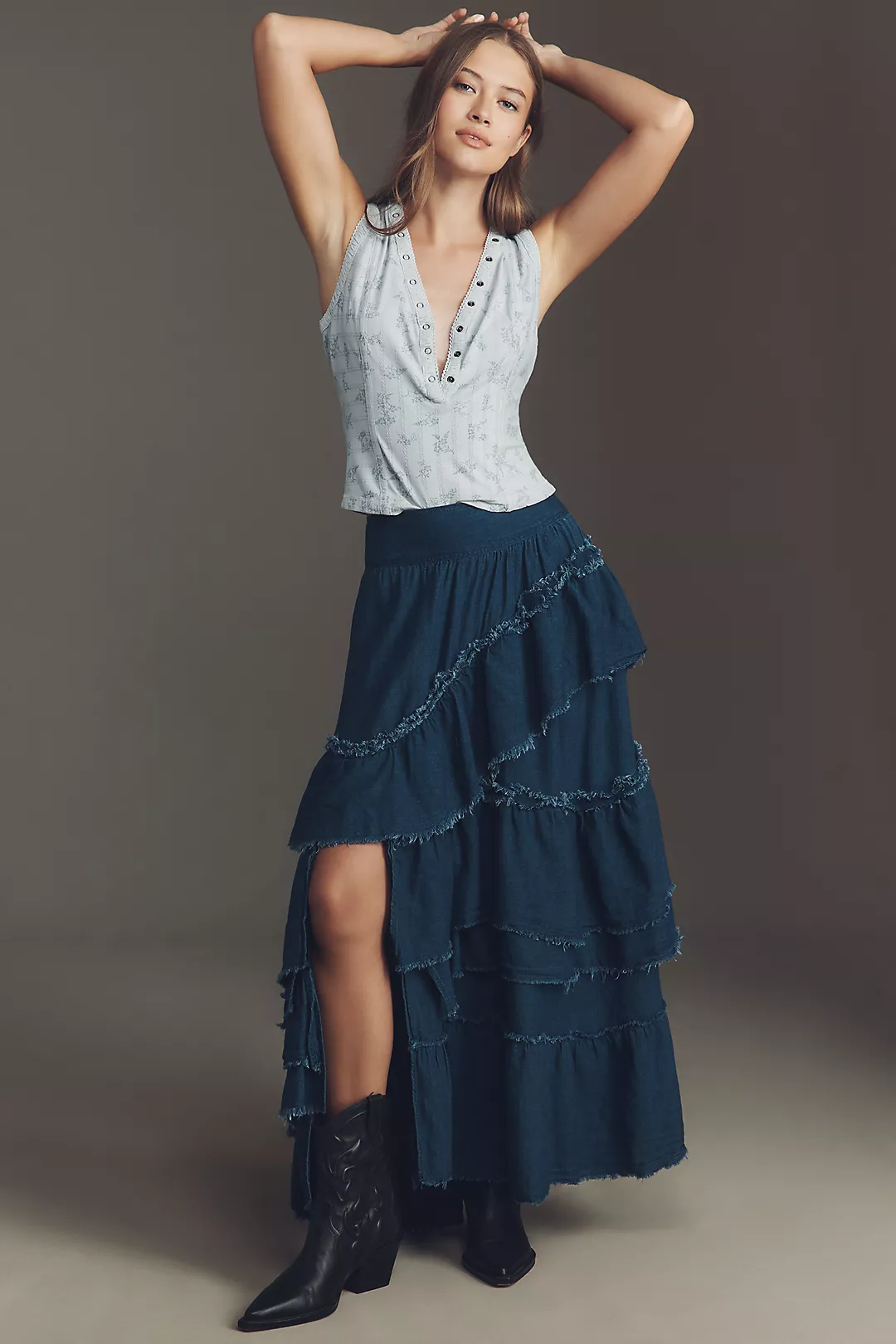 Pilcro Asymmetric Ruffled Tiered Maxi Skirt