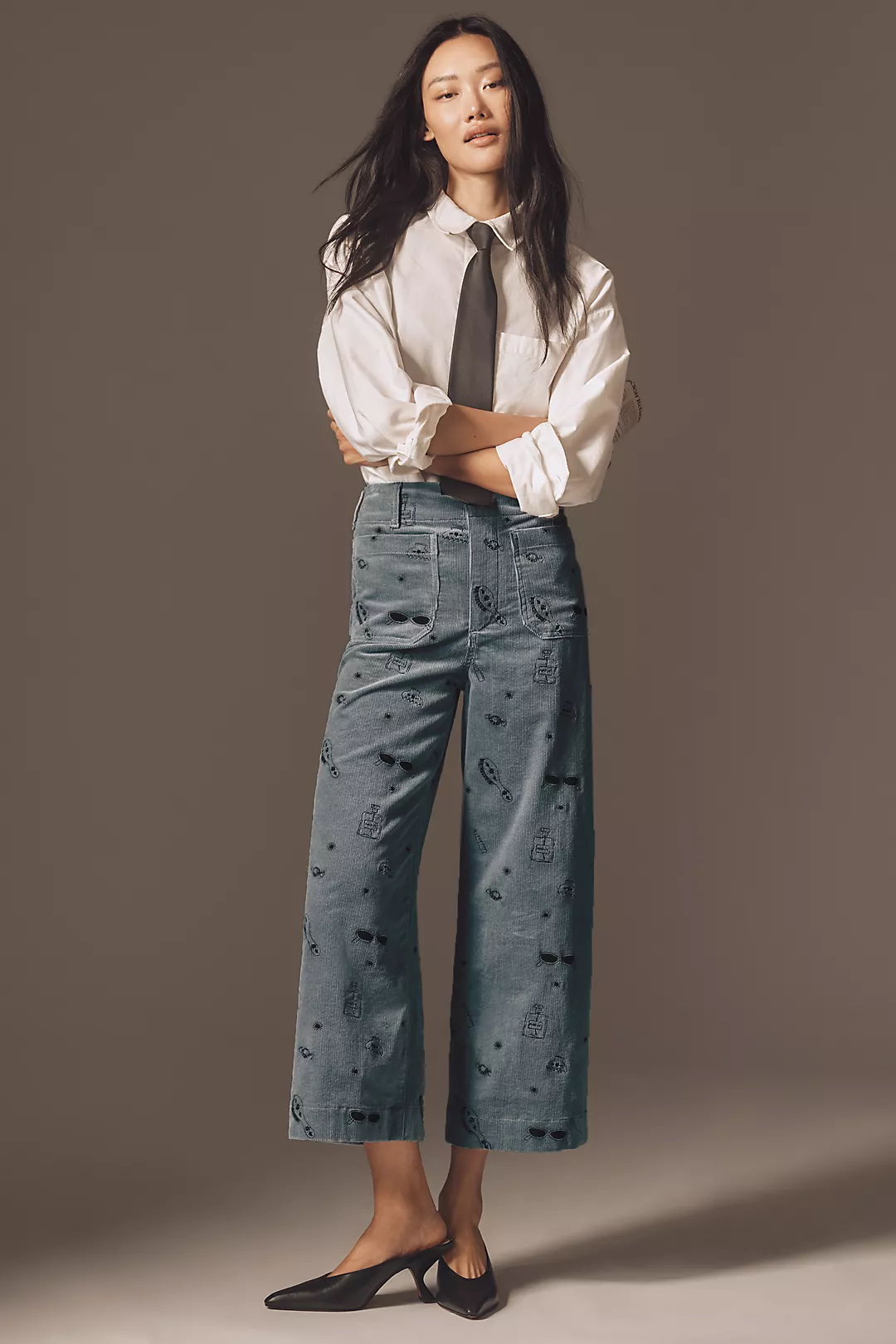 The Colette Crop Wide-Leg Embroidered Corduroy Pants by Maeve