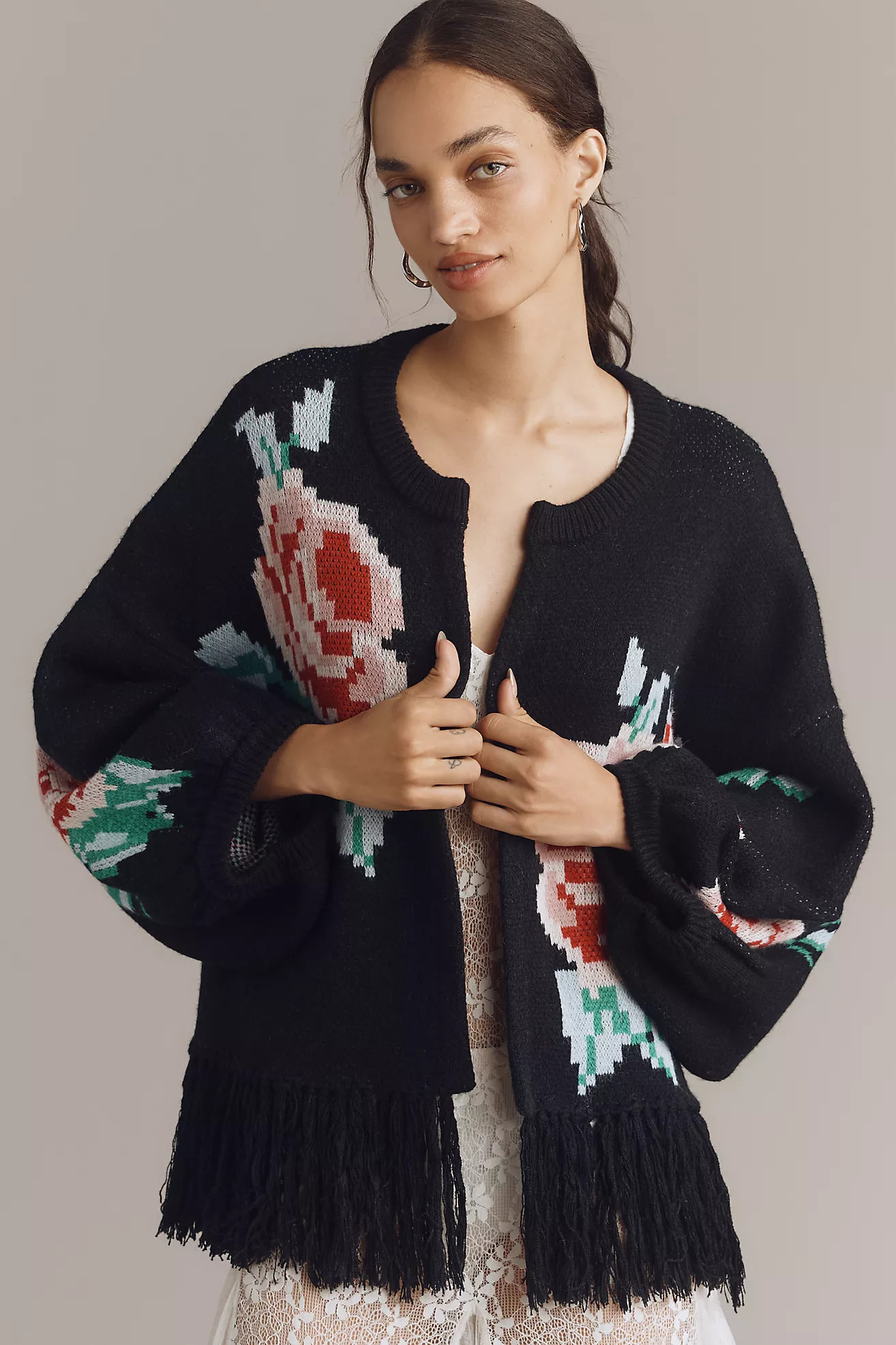 Bel Kazan Fringed Floral Cardigan Sweater