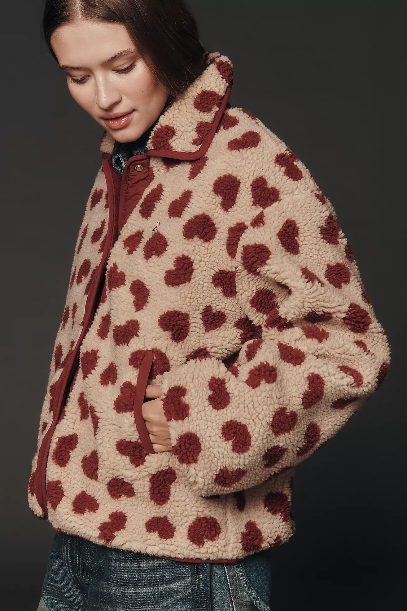Maeve Heart-Print Sherpa Fleece Jacket