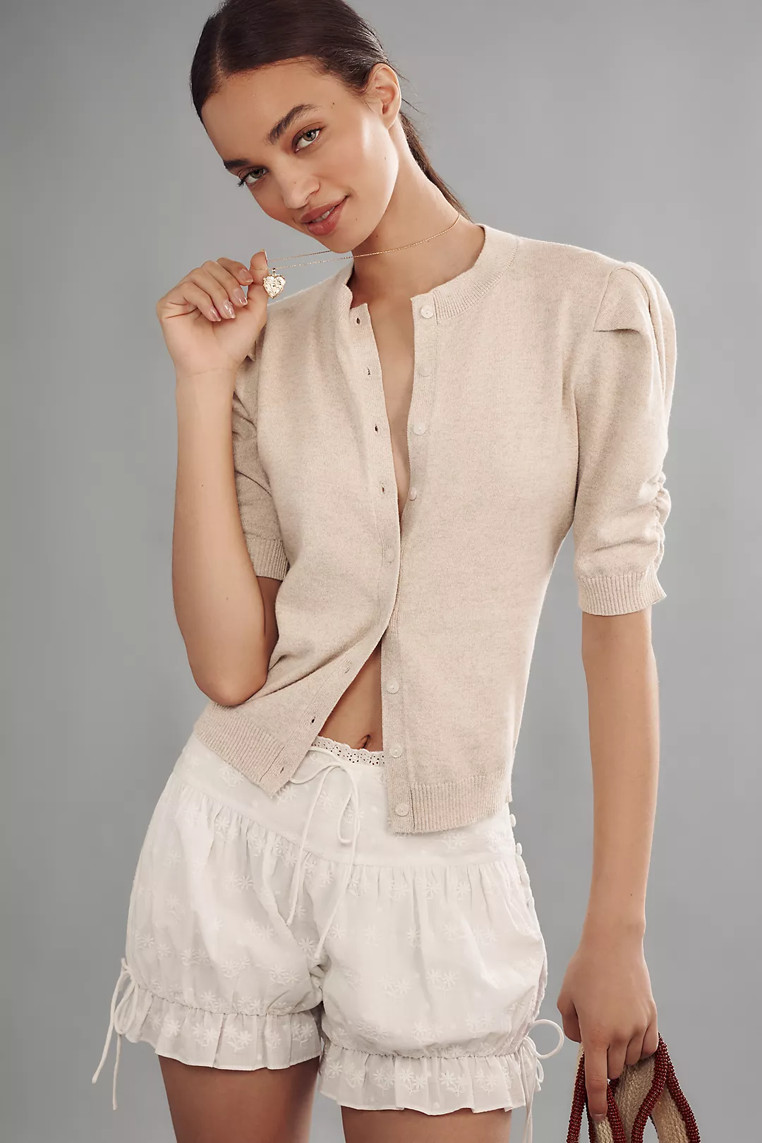 By Anthropologie Cotton Cashmere Puff-Sleeve Crew-Neck Cardigan Sweater