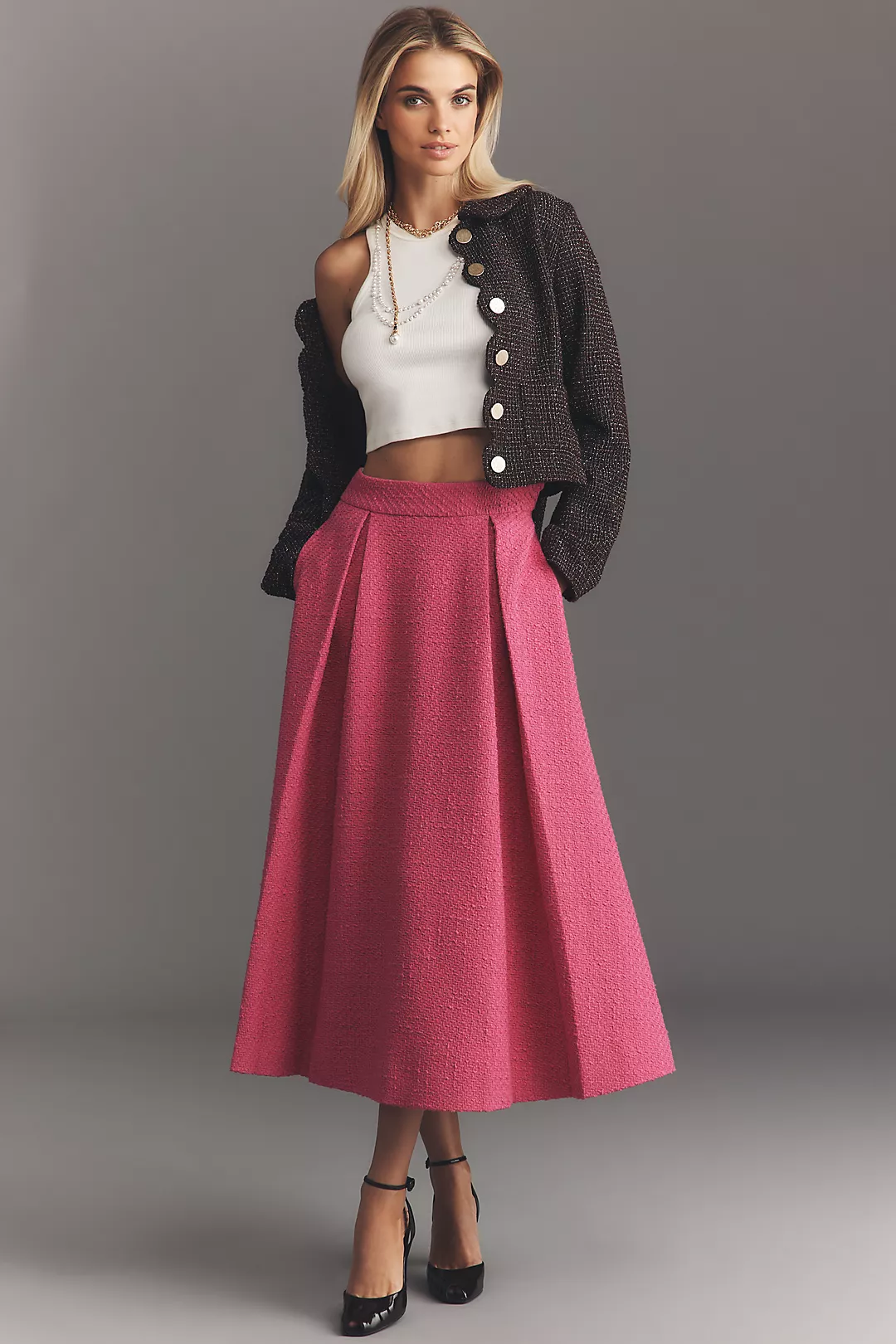 Derek Lam 10 Crosby Fenella Tweed Pleated Midi Skirt