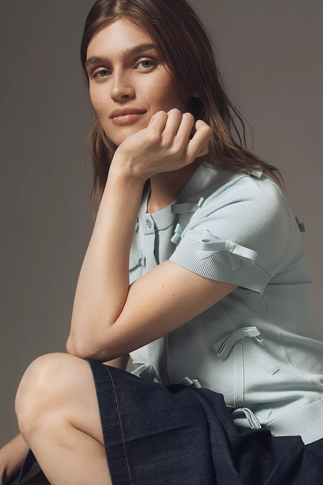 Maeve Short-Sleeve Bow Appliqué Cardigan Sweater