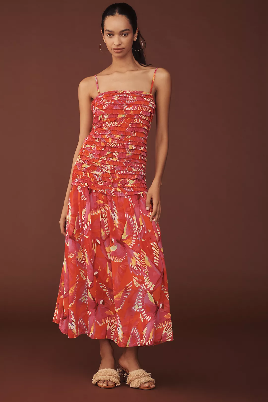 Farm Rio Shirred Drop-Waist Midi Dress