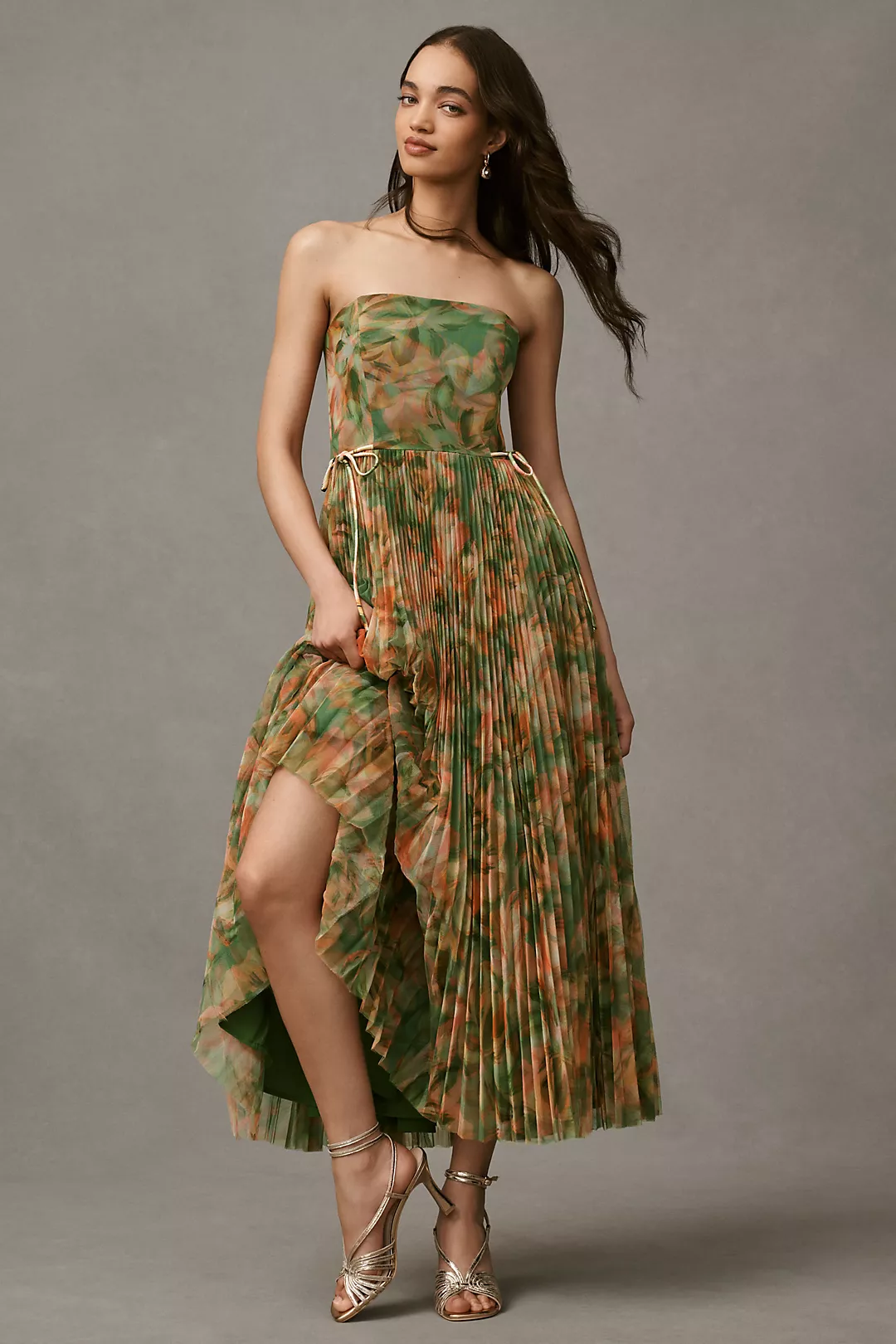 Hutch Costella Strapless Pleated Floral Tulle Midi Dress