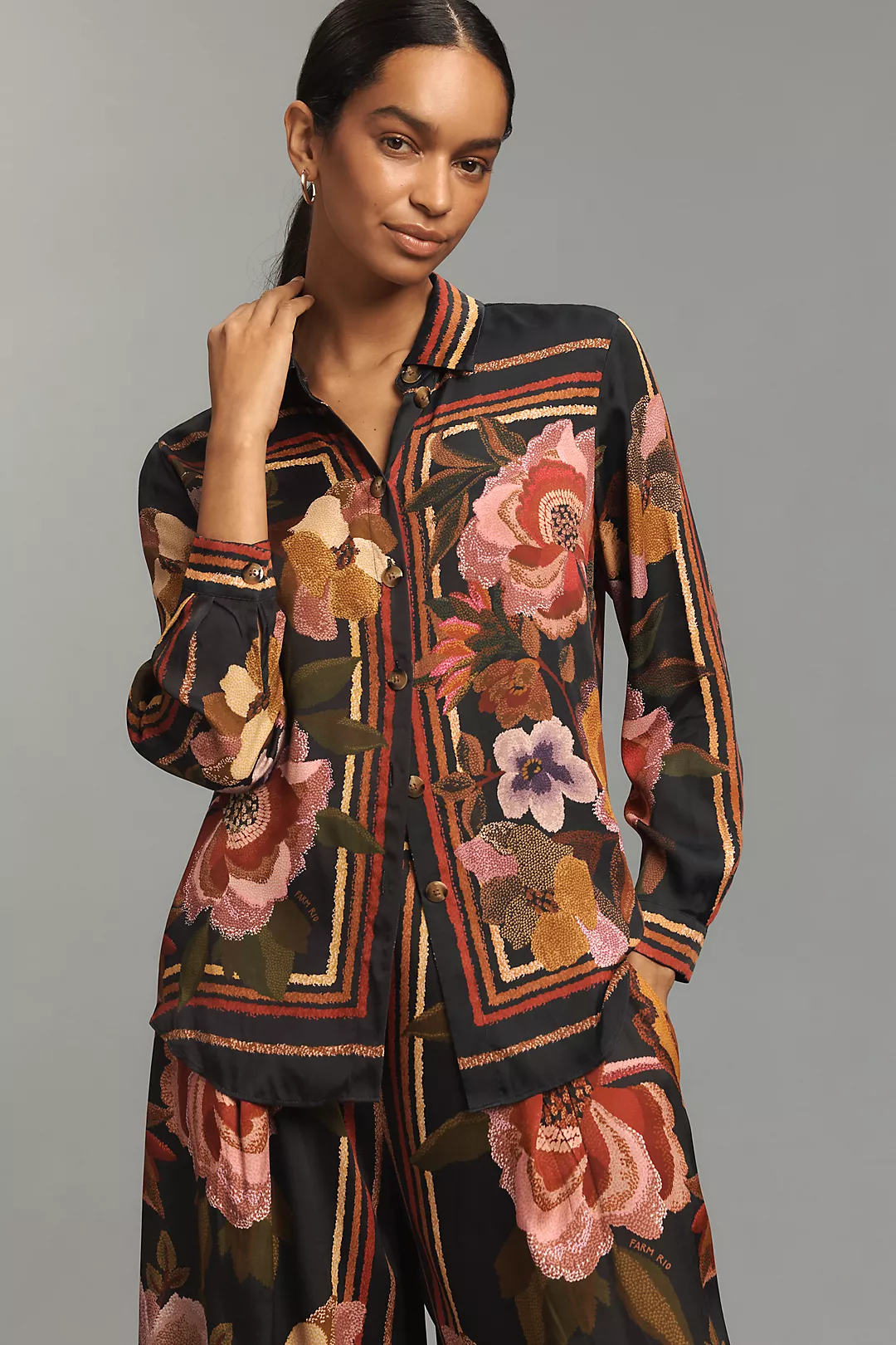 Farm Rio Chenille Flowers Long-Sleeve Buttondown Blouse