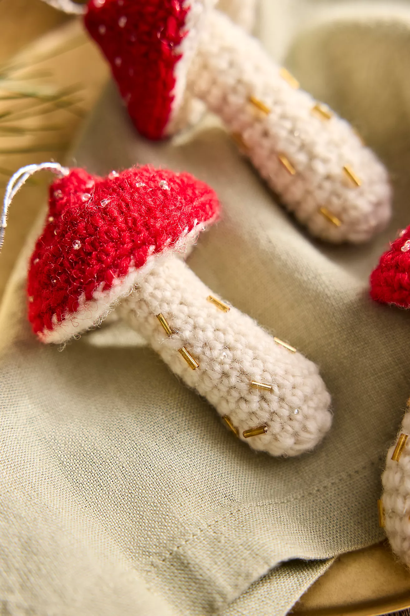 Knit Mushroom Ornaments, Set of 4