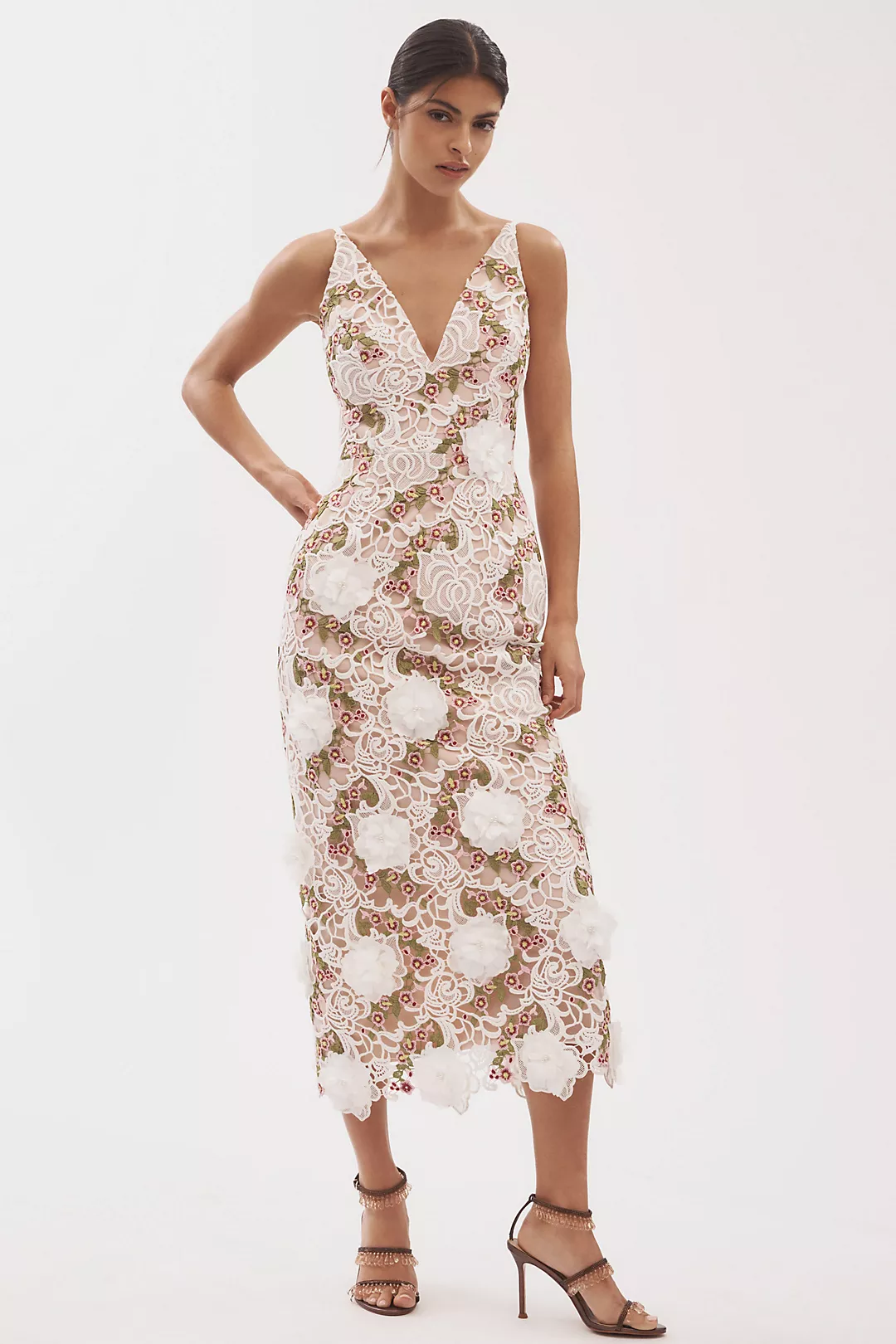 Helsi Norah Sleeveless V-Neck Floral Lace Column Midi Dress