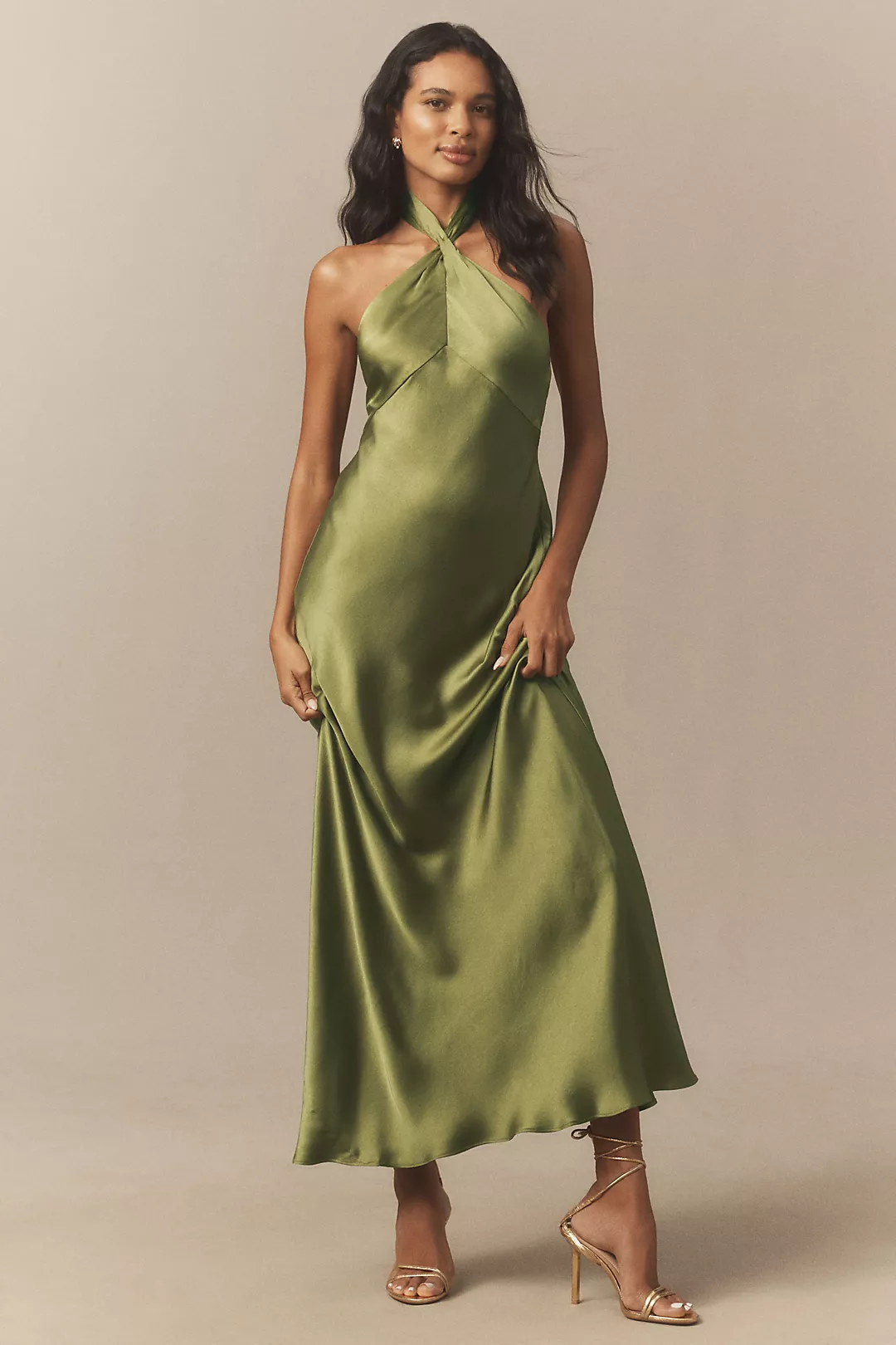 BHLDN Selma Halter-Neck High-Shine Satin Maxi Dress