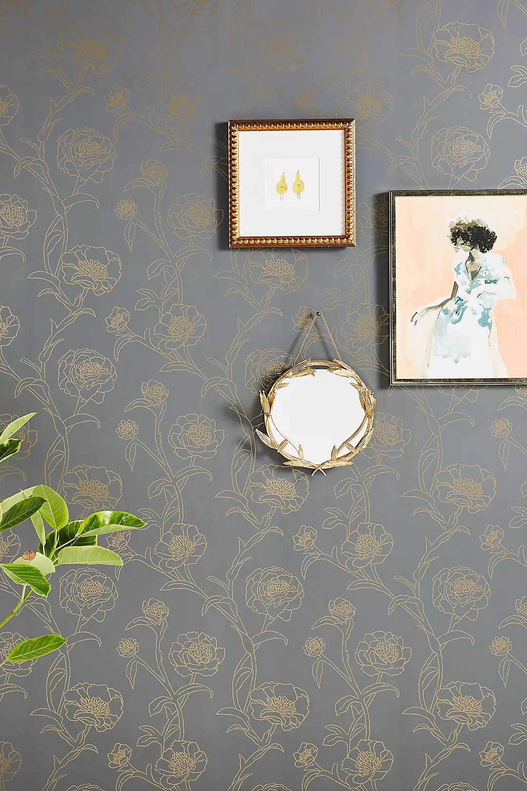 Gold Leaf Peonies Floral Peel-and-Stick Wallpaper