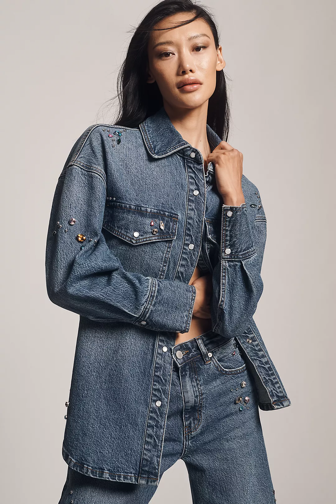 Avec Les Filles Oversized Bejeweled Denim Buttondown Shirt