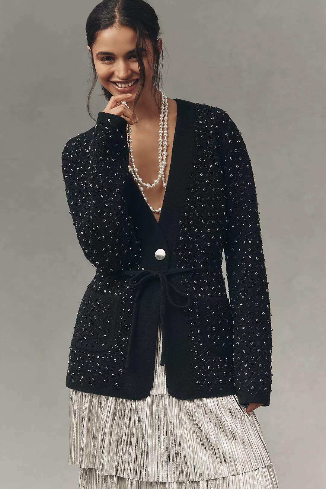 NVLT Crystal-Embellished Belted Knit Blazer