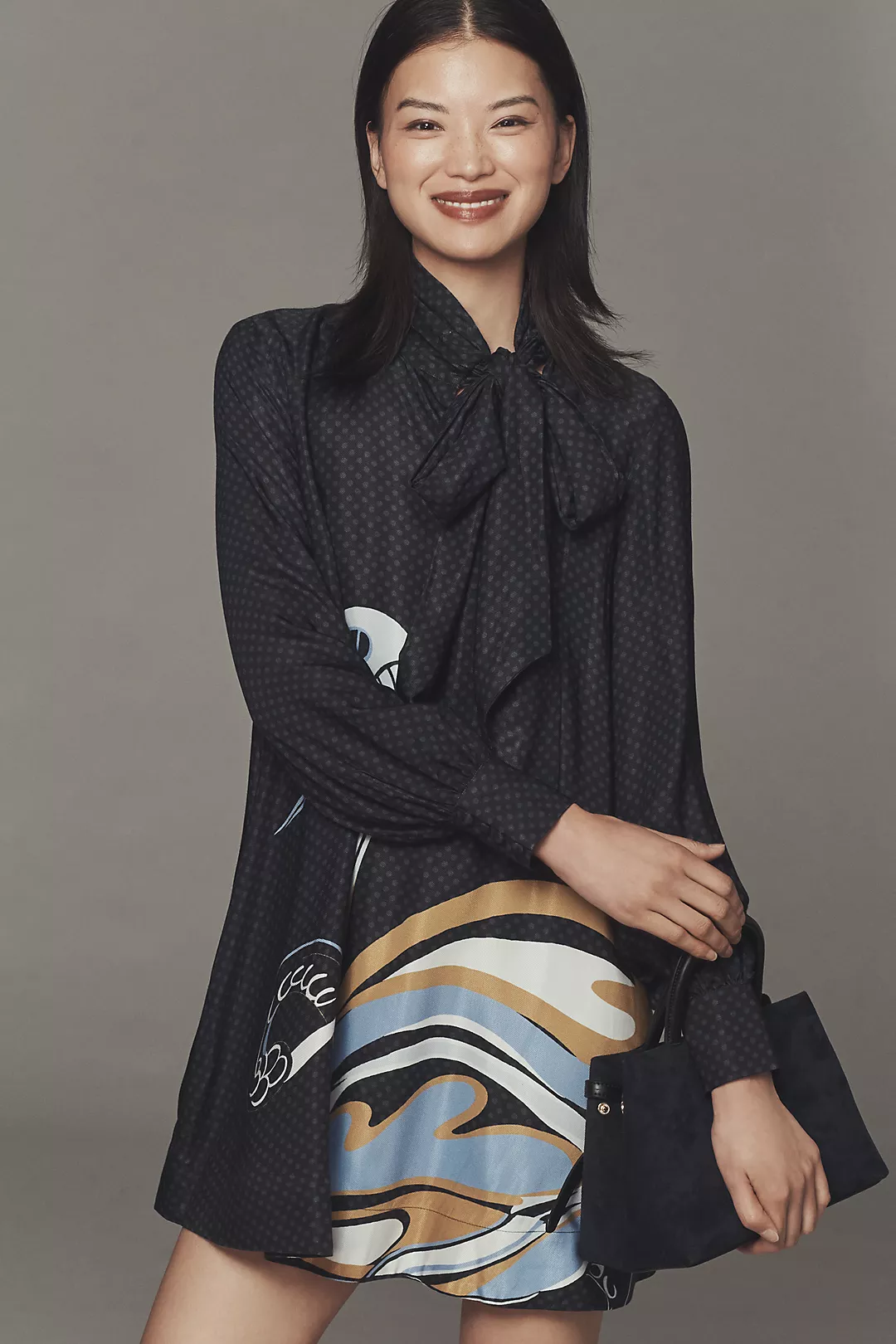 The Caroline Long-Sleeve Tie-Neck Mini Dress by Maeve