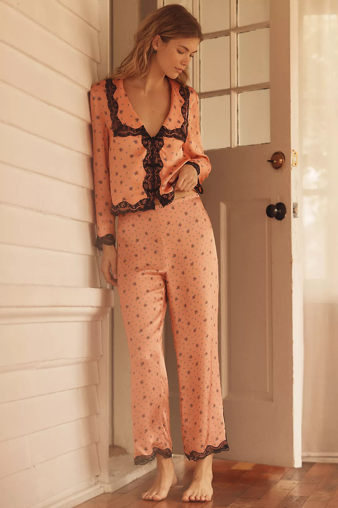 RIXO Mireille Lace-Trim Pajama Pants