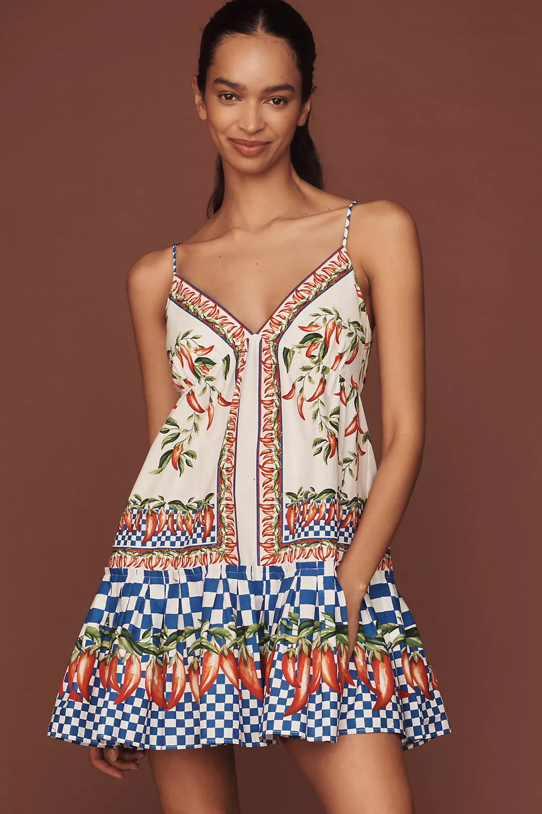 Farm Rio Picnic Peppers Ainika Sleeveless V-Neck Babydoll Swing Mini Dress