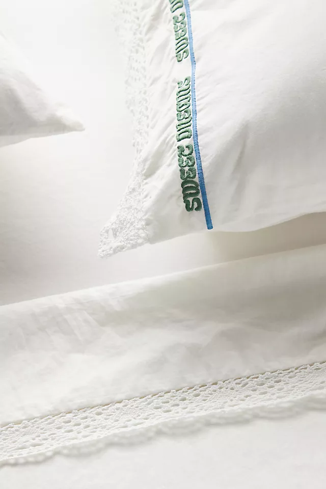 Organic Cotton Percale Embroidered Text Sheet Set