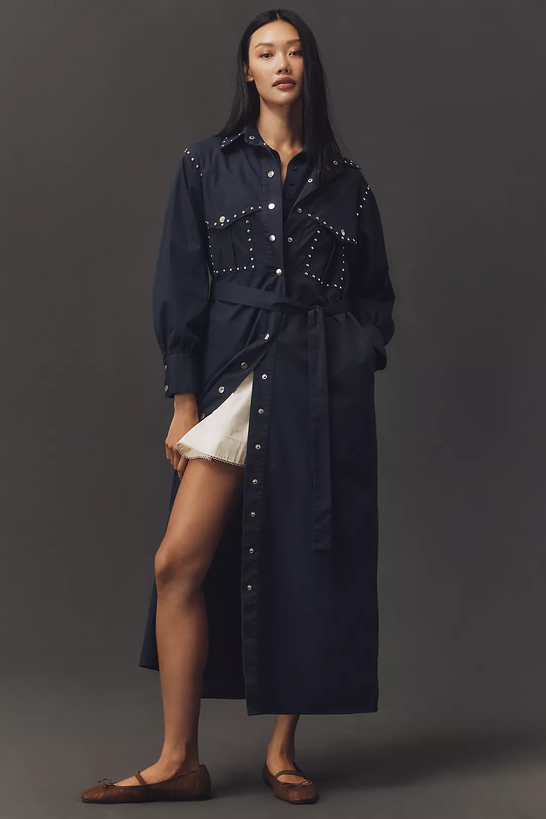 Kinney The Label Ashley Studded Denim Maxi Shirt Dress