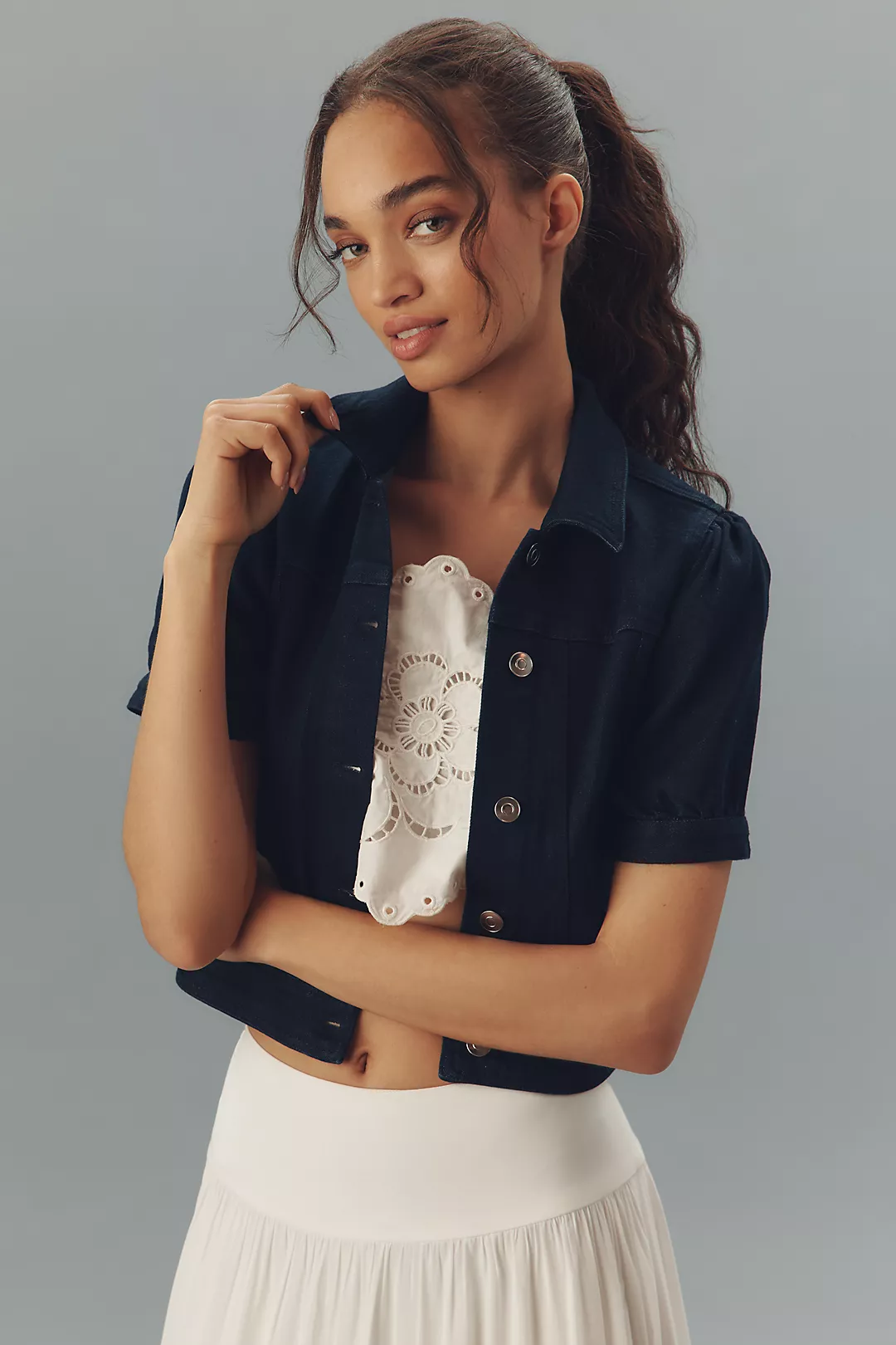 Maeve Crop Puff-Sleeve Denim Jacket