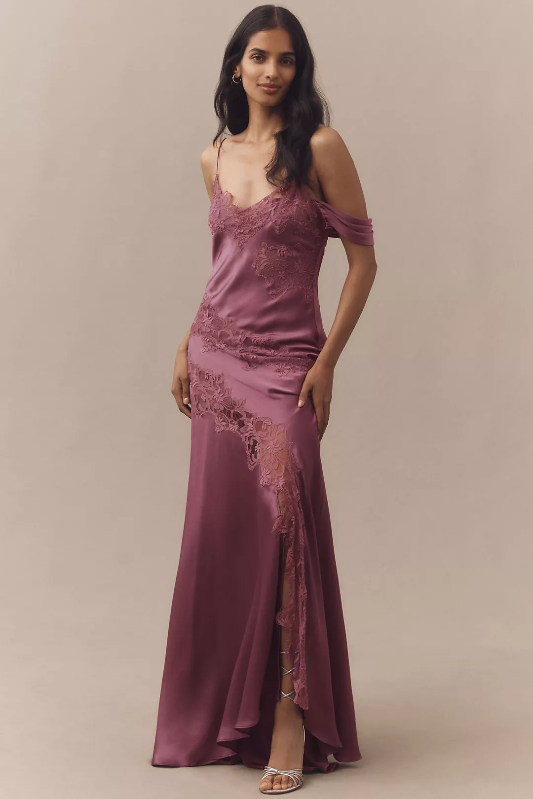 AMUR Reese Off-Shoulder Cascade Lace Satin Maxi Dress