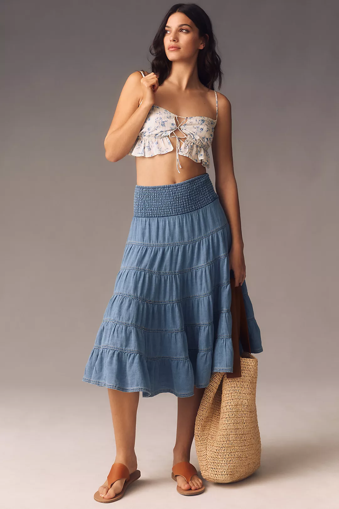 The Reese Smocked Denim Pull-On Midi Skirt