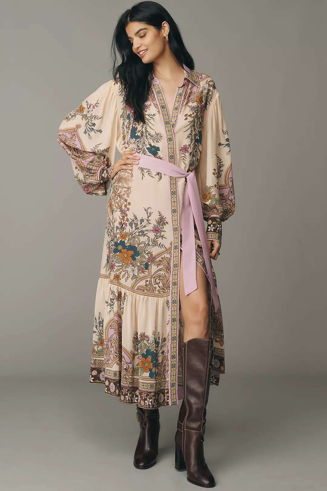 ALÉMAIS Antoinette Long-Sleeve Silk Blend Midi Shirt Dress