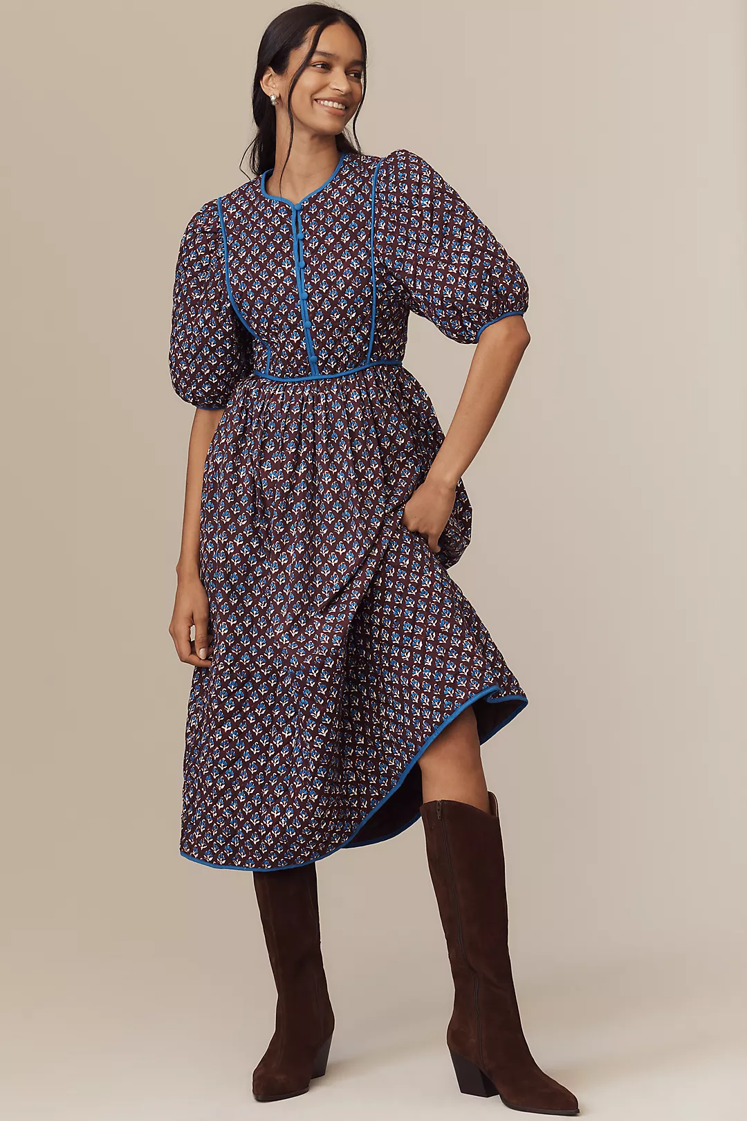 Hunter Bell Brenner Quilted Puff-Sleeve Midi Dress