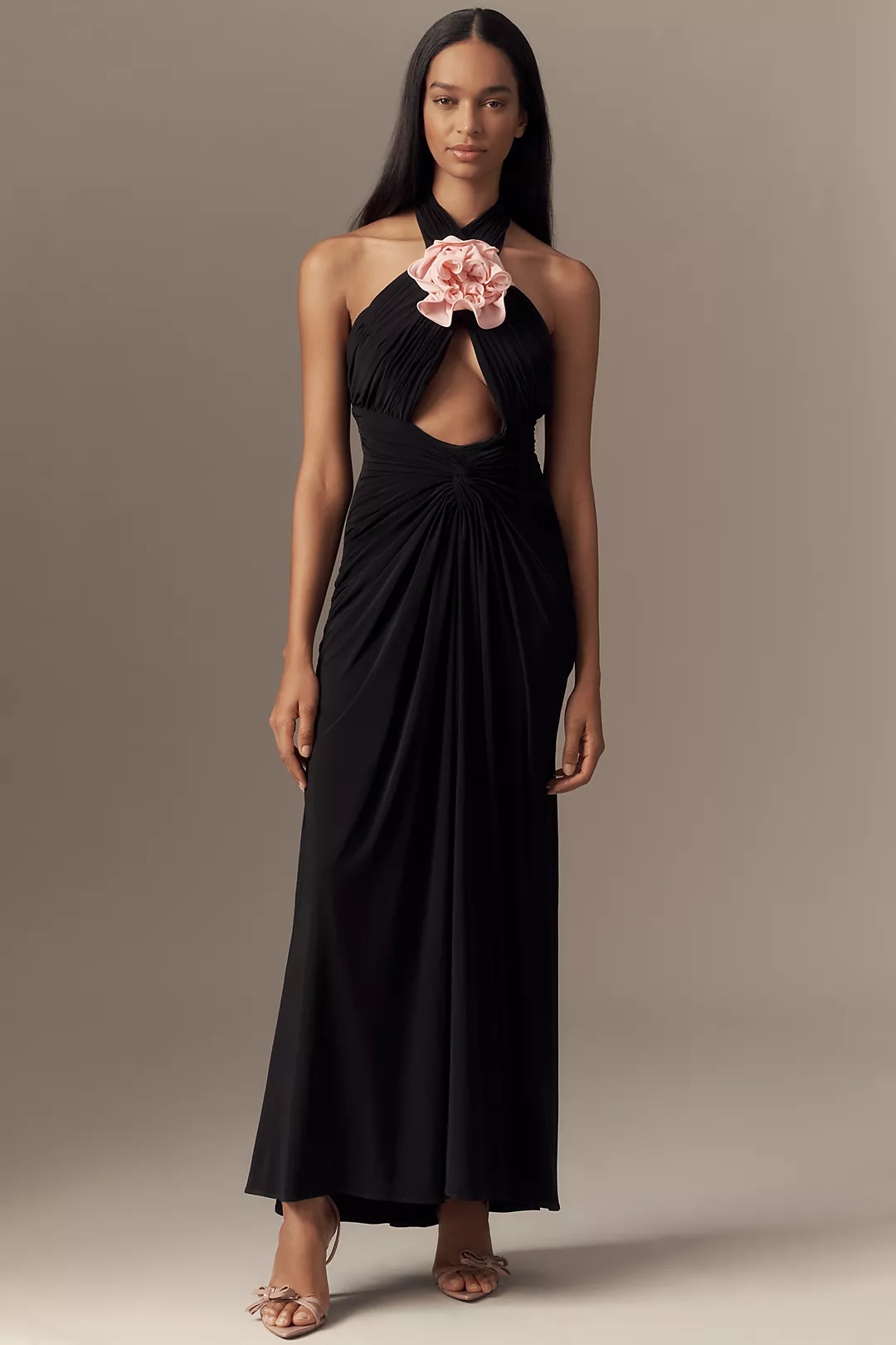 Mac Duggal Halter 3D Rosette Jersey Slim Maxi Dress