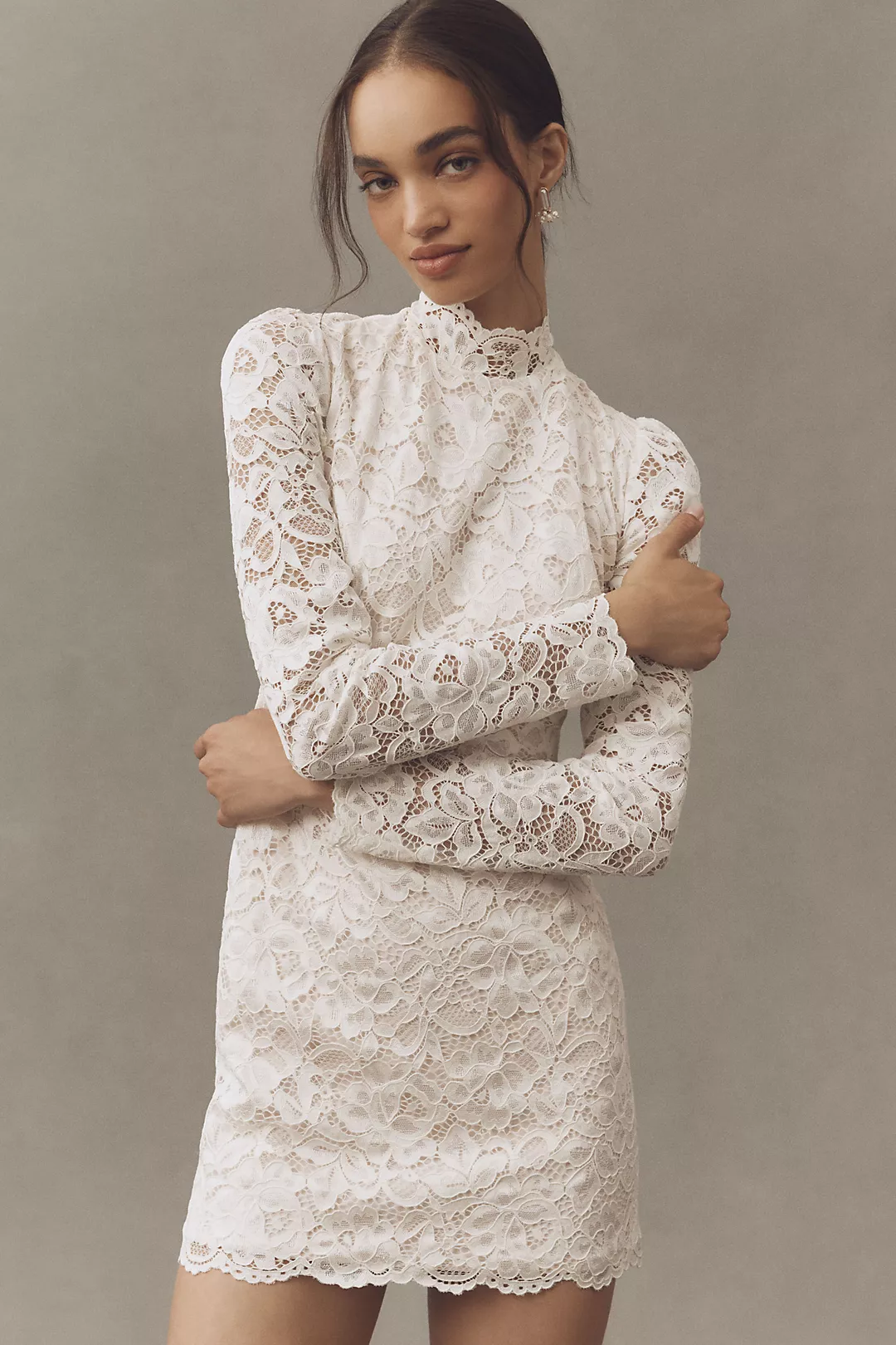 BHLDN Long-Sleeve Mock-Neck Lace Stretch Satin Mini Dress