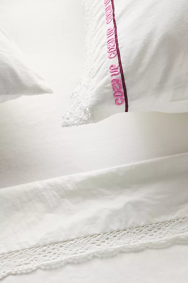 Organic Cotton Percale Embroidered Text Sheet Set