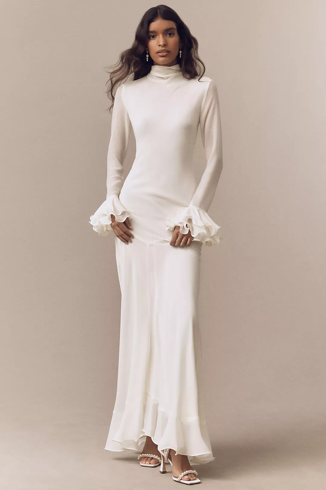 De La Vali Daira Mock-Neck Ruffle Long-Sleeve Bias-Cut Maxi Dress