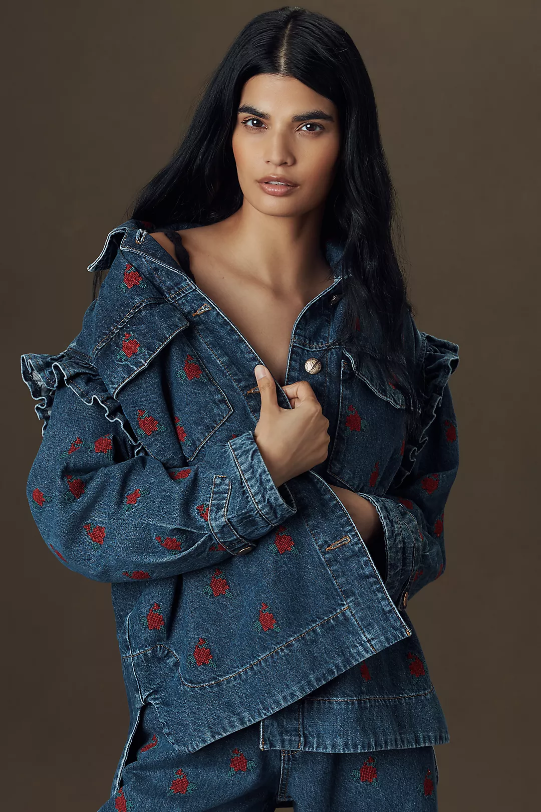 Farm Rio Embroidered Ruffle Denim Jacket