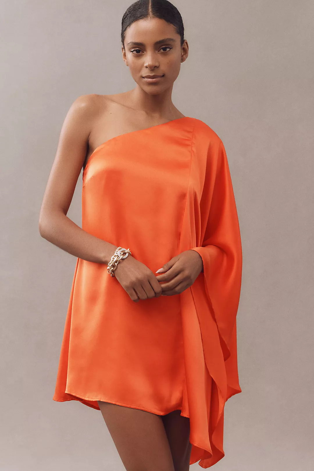 BHLDN Tiana One-Shoulder Satin Kaftan Mini Dress