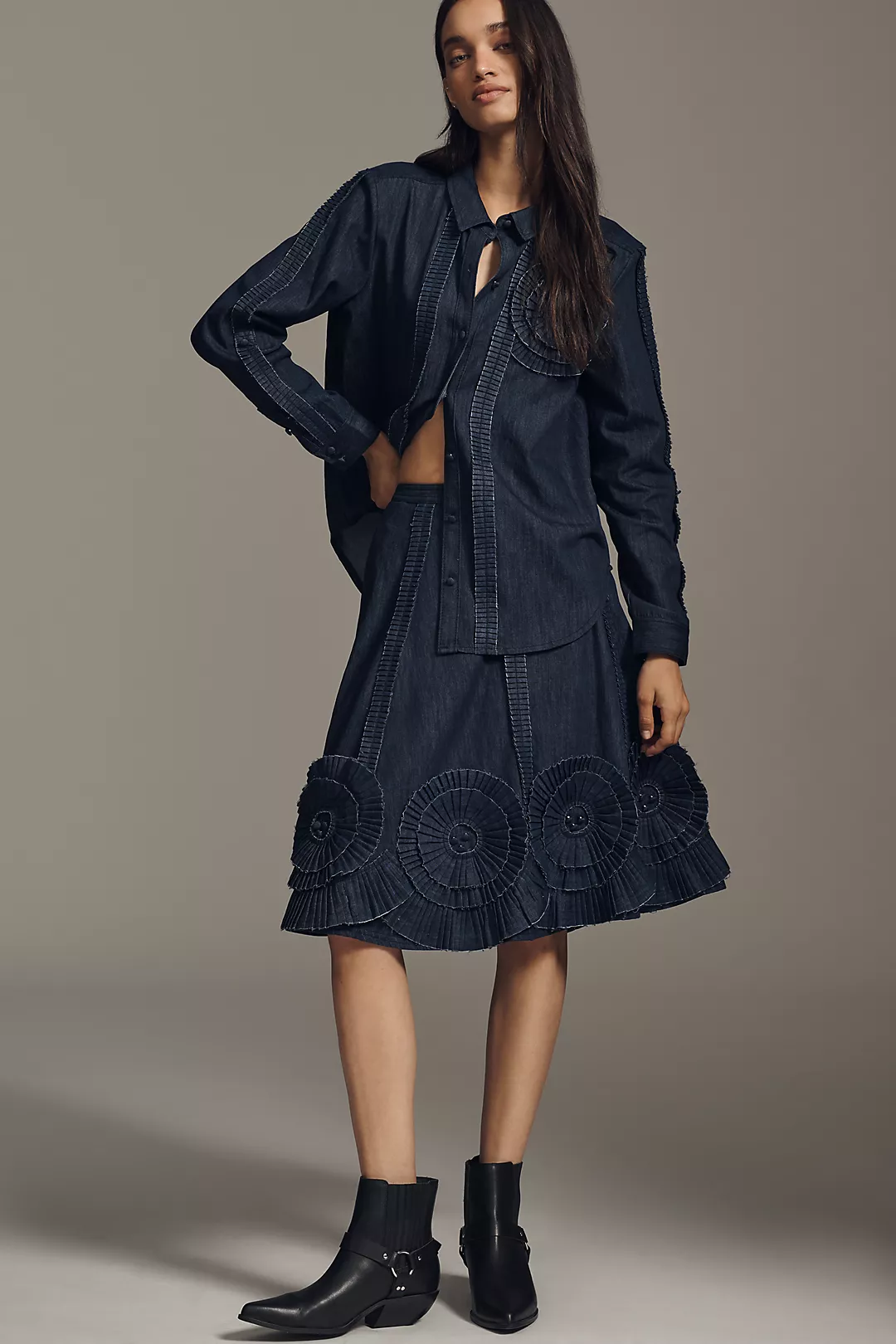 Pilcro Pleated Appliqué Denim Midi Skirt