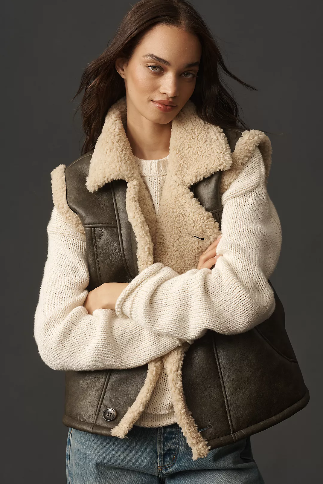 By Anthropologie Faux Leather Sherpa Fleece-Lined Vest