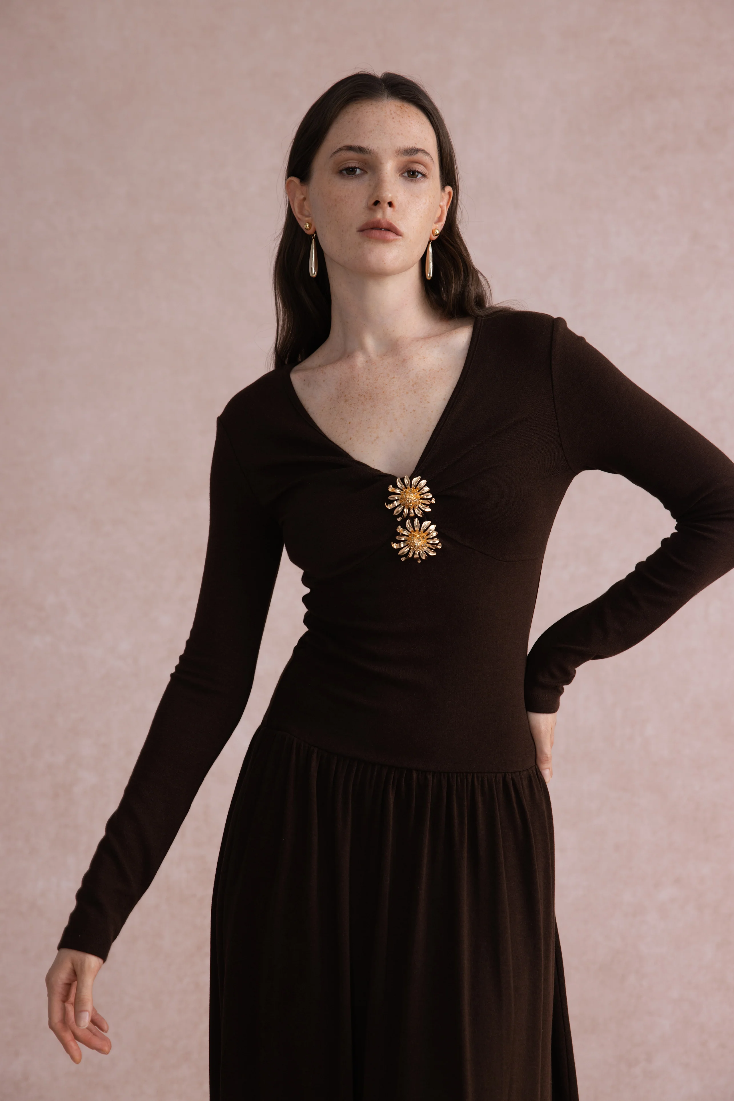 V-neck long sleeve maxi dress